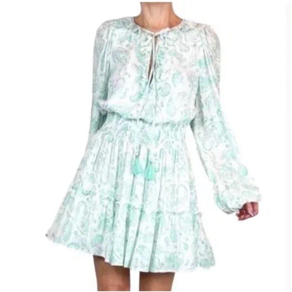 House of Harlow 1960 Teal and White Paisley Long Sleeve Dress